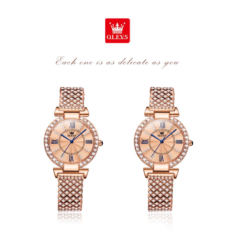 OLEVS 9942 Diamond Set Bracelet Rose Gold Watch for Women - Rose Gold with Roman numerals Watch | Olevs Watch Store