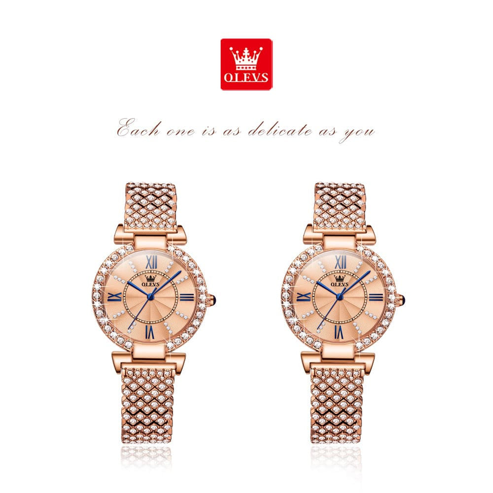 OLEVS 9942 Diamond Set Bracelet Rose Gold Watch for Women - Rose Gold with Roman numerals Watch | Olevs Watch Store