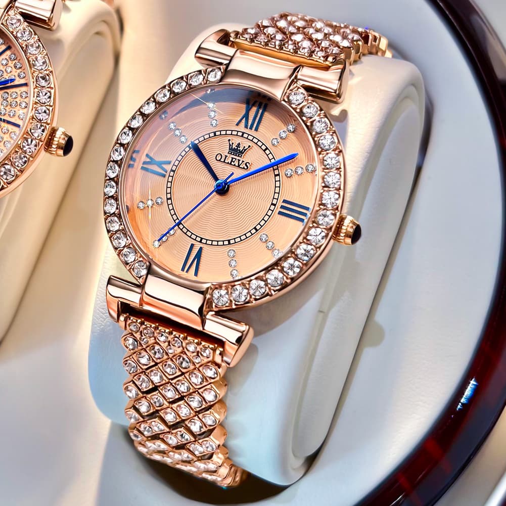 OLEVS 9942 Diamond Set Bracelet Rose Gold Watch for Women - Rose Gold with Roman numerals Watch | Olevs Watch Store
