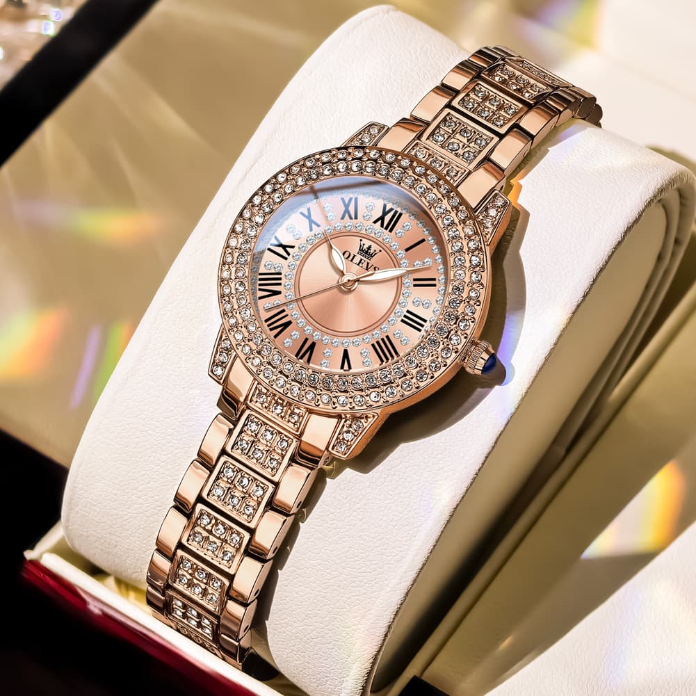 OLEVS 9943 Diamond Paved Dial Luxury Watch for Women - Rose Gold Classic Dial Watch | Olevs Watch Store