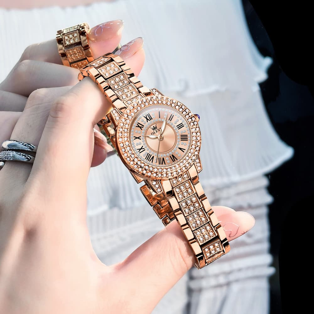 OLEVS 9943 Diamond Paved Dial Luxury Watch for Women - Rose Gold Classic Dial Watch | Olevs Watch Store