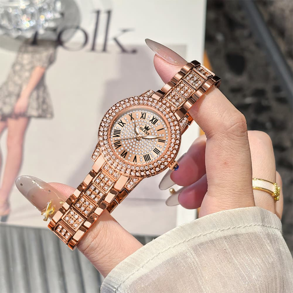OLEVS 9943 Diamond Paved Dial Luxury Watch for Women - Rose Gold Classic Dial Watch | Olevs Watch Store
