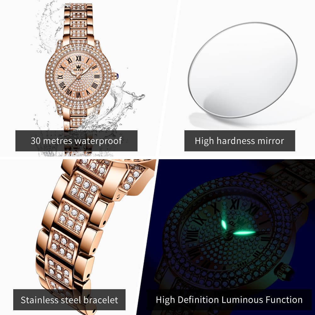 OLEVS 9943 Diamond Paved Dial Luxury Watch for Women - Rose Gold Classic Dial Watch | Olevs Watch Store