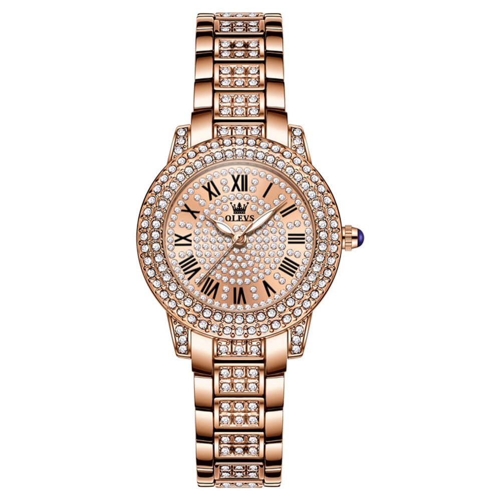 OLEVS 9943 Diamond Paved Dial Luxury Watch for Women - Rose Gold Classic Dial Watch | Olevs Watch Store