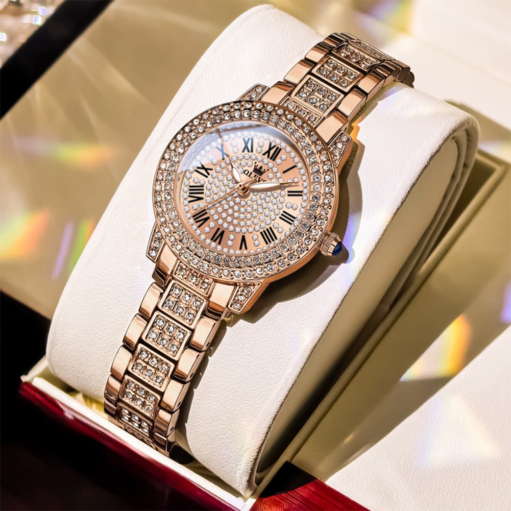 OLEVS 9943 Diamond Paved Dial Luxury Watch for Women - Rose Gold Classic Dial Watch | Olevs Watch Store