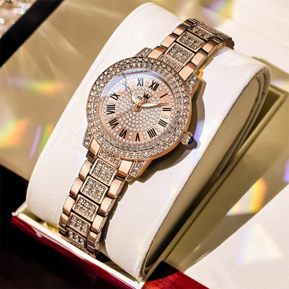 OLEVS 9943 Diamond Paved Dial Luxury Watch for Women - Rose Gold Classic Dial Watch | Olevs Watch Store