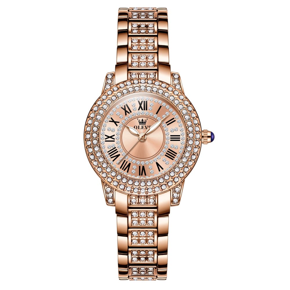 OLEVS 9943 Diamond Paved Dial Luxury Watch for Women - Rose Gold Classic Dial Watch | Olevs Watch Store