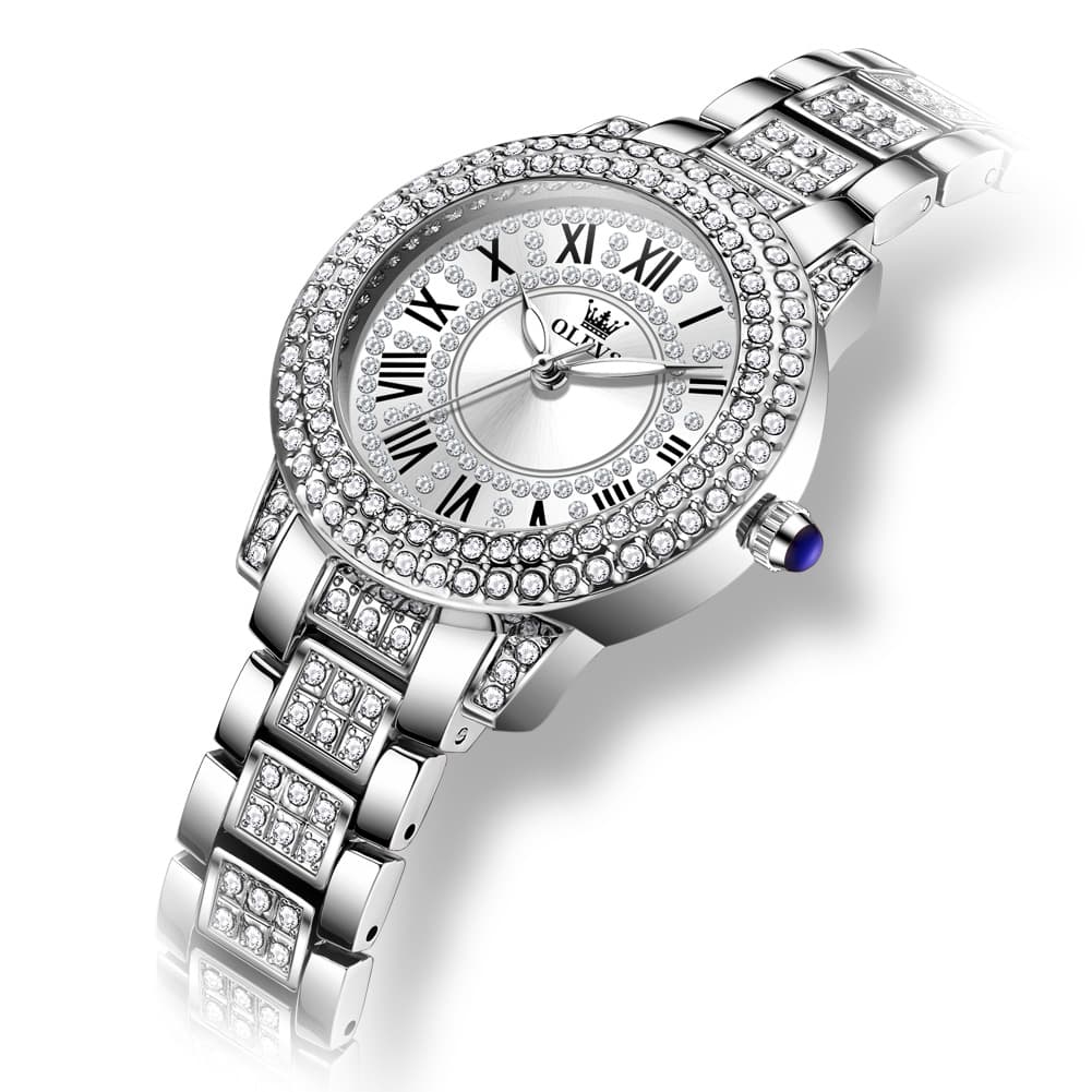 OLEVS 9943 Diamond Paved Dial Luxury Watch for Women - Silver White Classic Dial Watch | Olevs Watch Store