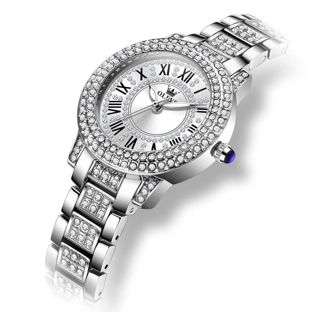 OLEVS 9943 Diamond Paved Dial Luxury Watch for Women - Silver White Classic Dial Watch | Olevs Watch Store