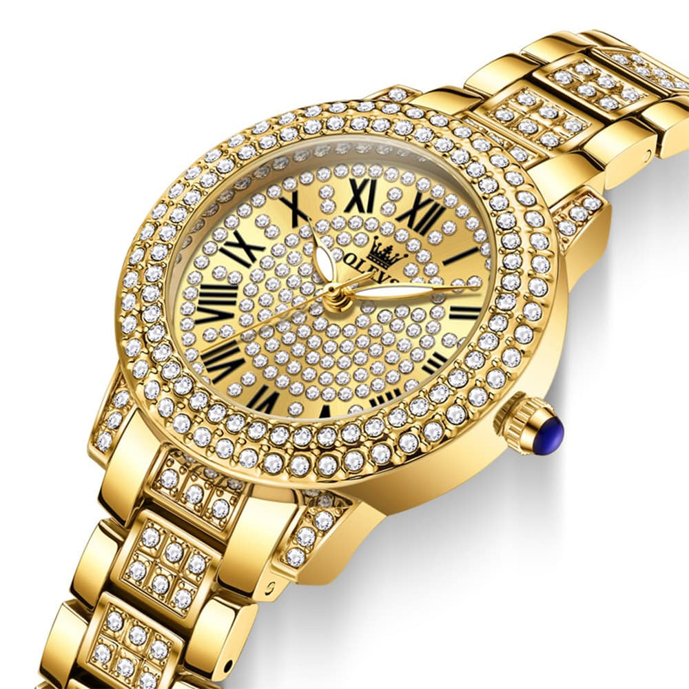 OLEVS 9943 Diamond Paved Dial Luxury Watch for Women - All Gold Diamond Paved Dial Watch | Olevs Watch Store