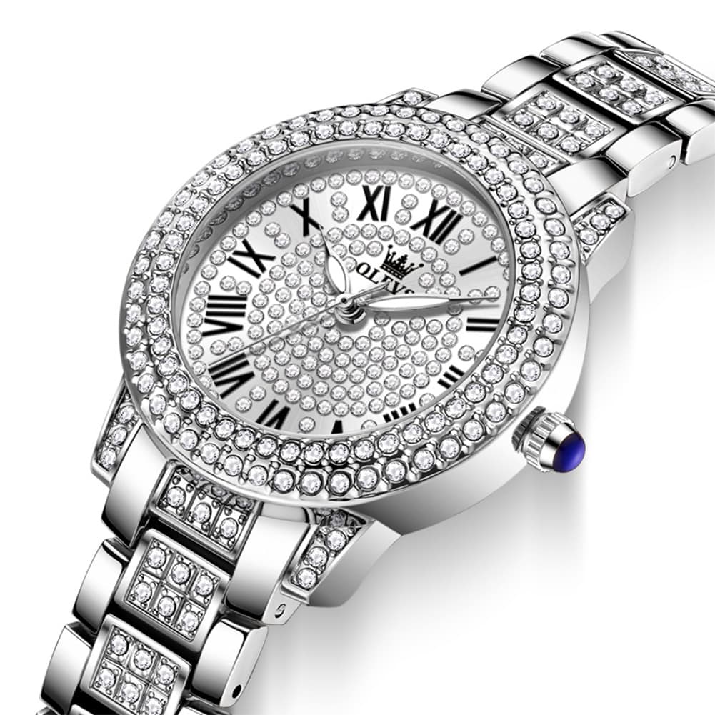 OLEVS 9943 Diamond Paved Dial Luxury Watch for Women - Silver White Diamond Paved Dial Watch | Olevs Watch Store
