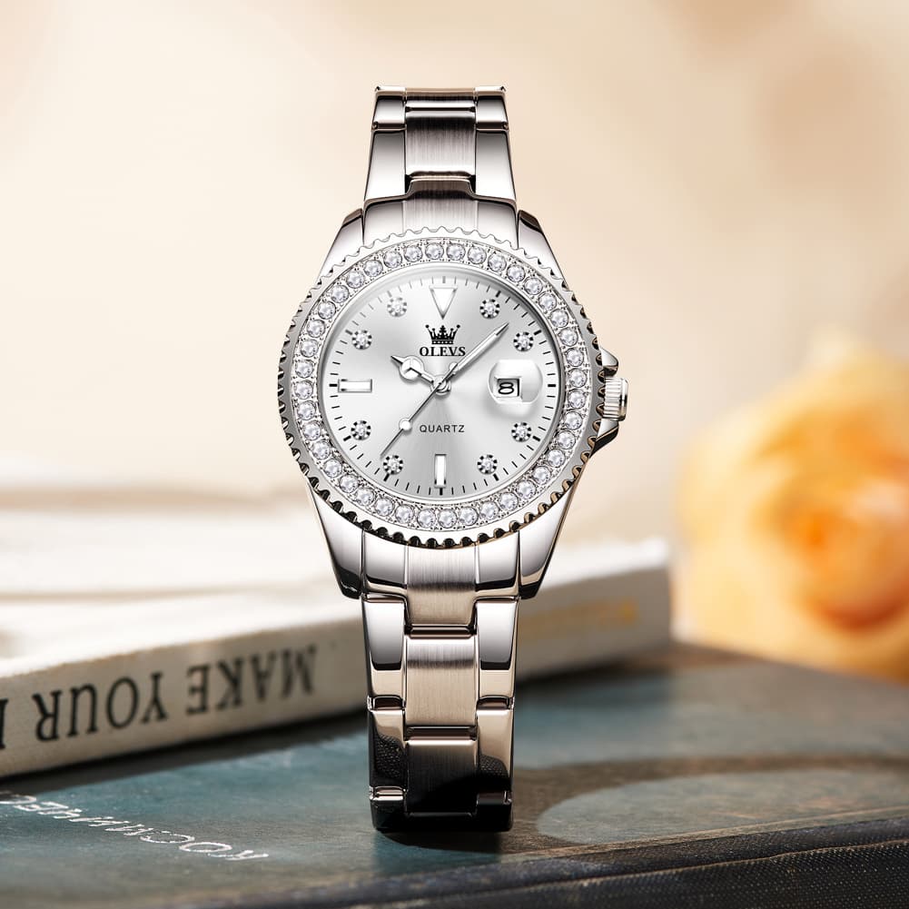 OLEVS 9945 Diamond Bezel Date Display Quartz Watch for Women - All Gold Watch | Olevs Watch Store
