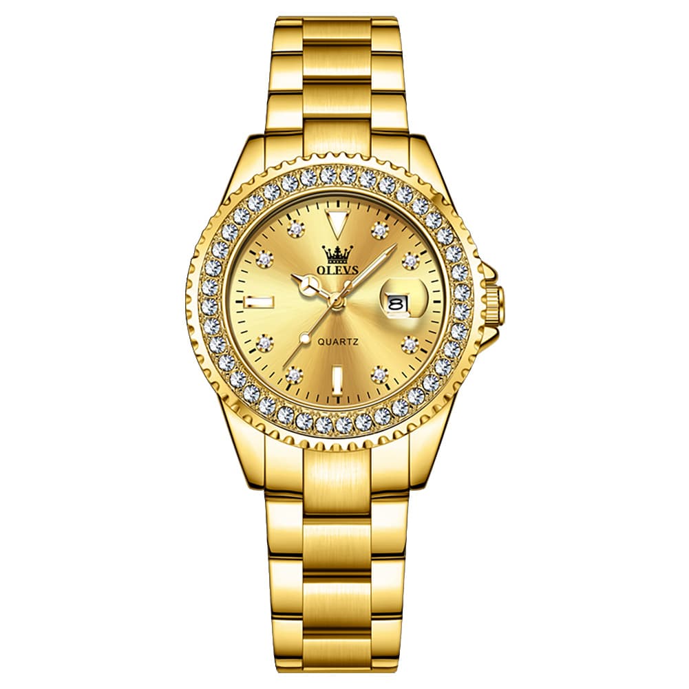 OLEVS 9945 Diamond Bezel Date Display Quartz Watch for Women - All Gold Watch | Olevs Watch Store