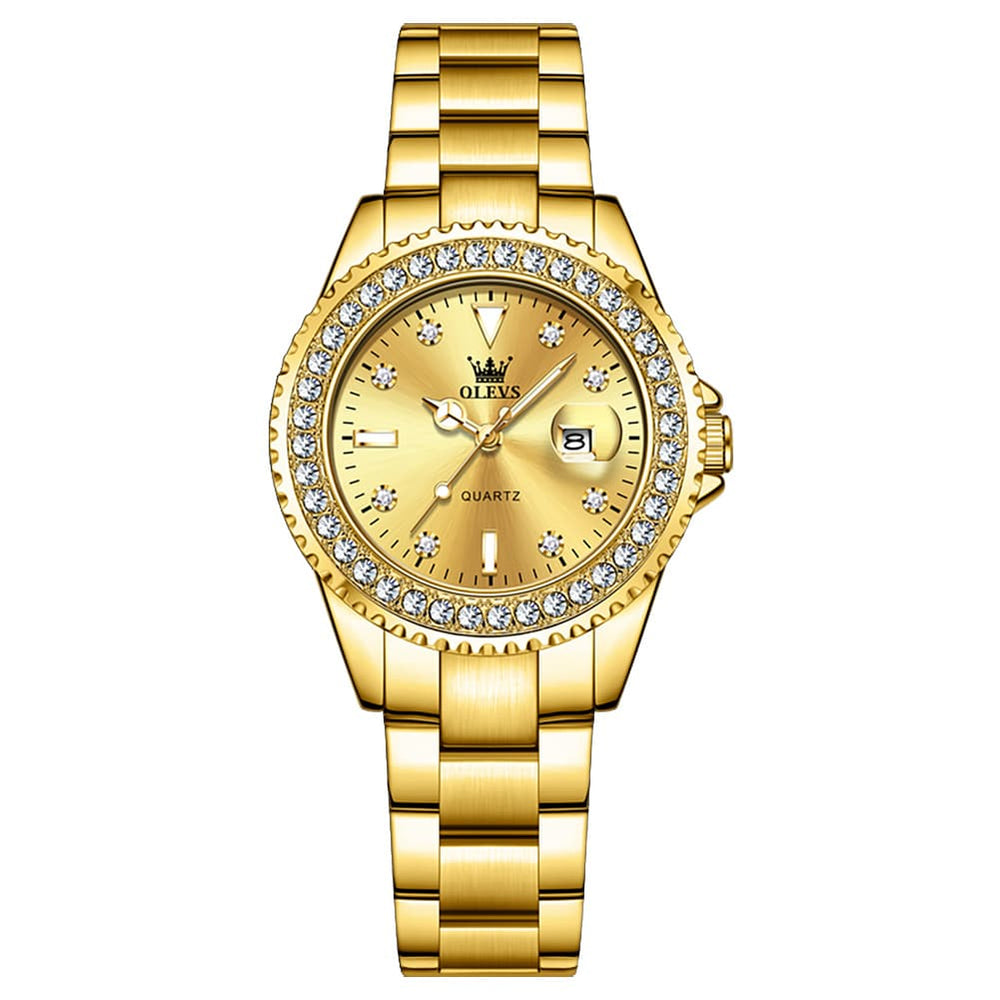 OLEVS 9945 Diamond Bezel Date Display Quartz Watch for Women - All Gold Watch | Olevs Watch Store