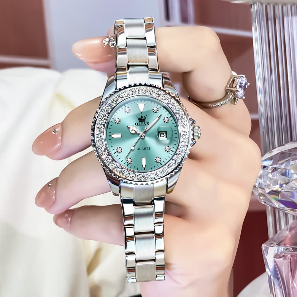 OLEVS 9945 Diamond Bezel Date Display Quartz Watch for Women - All Gold Watch | Olevs Watch Store