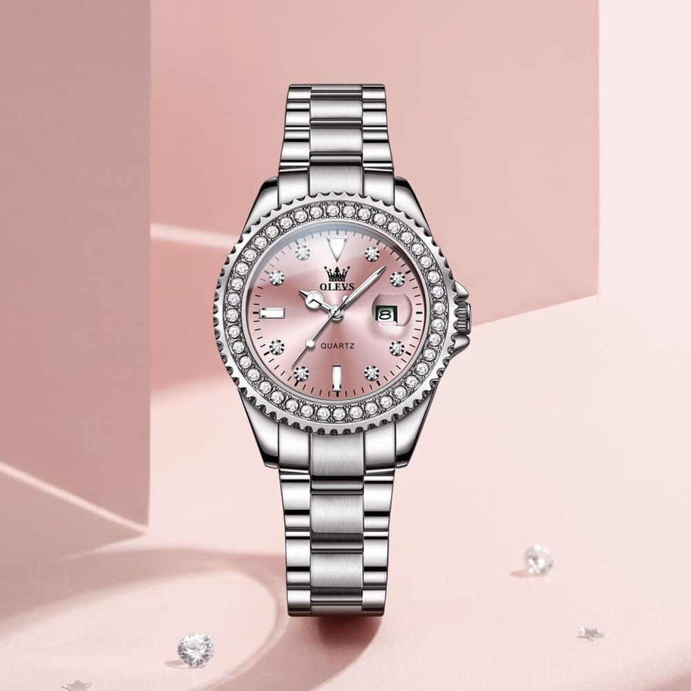 OLEVS 9945 Diamond Bezel Date Display Quartz Watch for Women - All Gold Watch | Olevs Watch Store