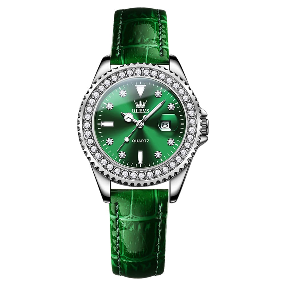 OLEVS 9945 Diamond Bezel Date Display Quartz Watch for Women - Green Leather Green Dial Watch | Olevs Watch Store