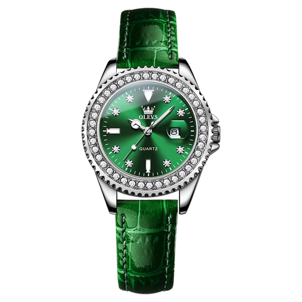 OLEVS 9945 Diamond Bezel Date Display Quartz Watch for Women - Green Leather Green Dial Watch | Olevs Watch Store
