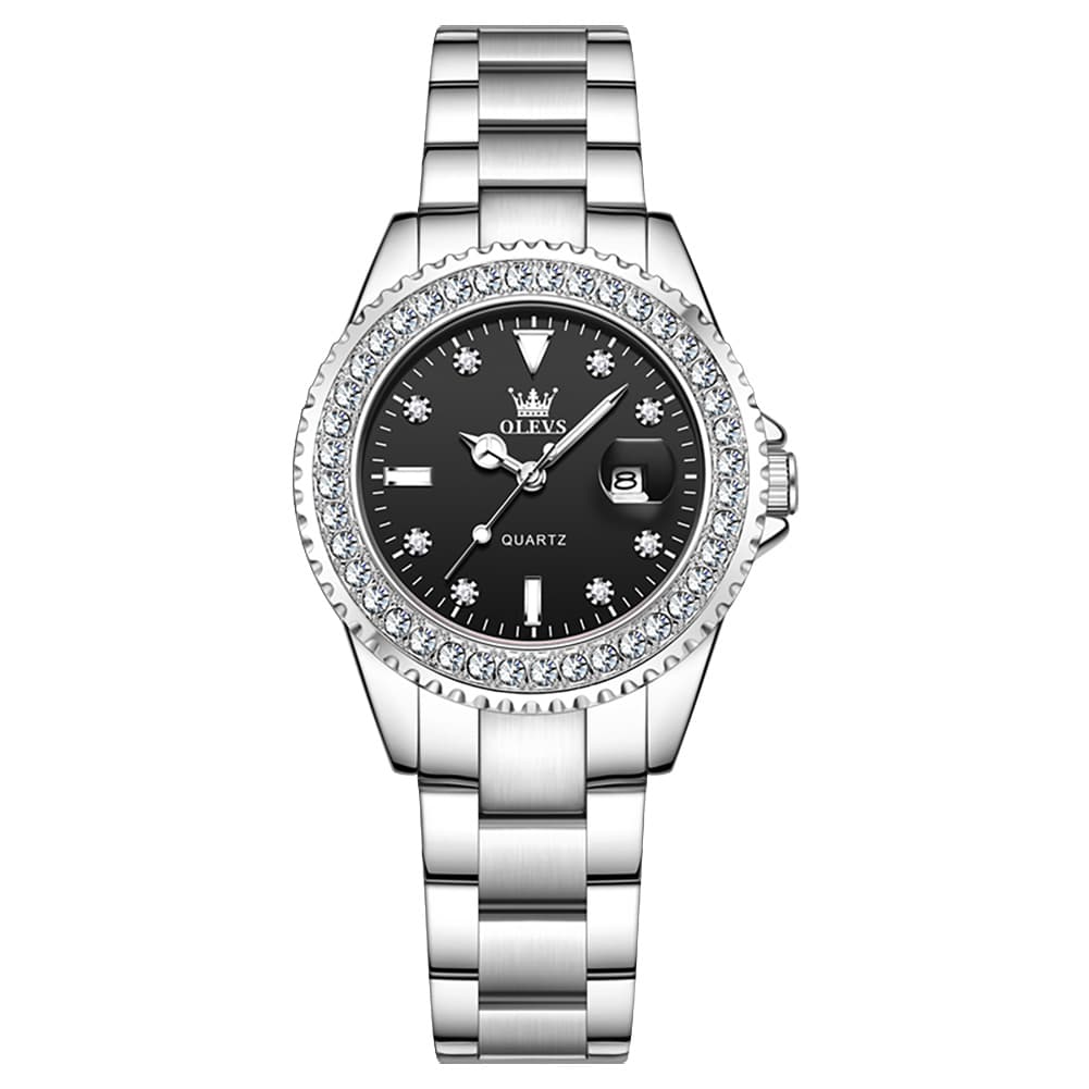 OLEVS 9945 Diamond Bezel Date Display Quartz Watch for Women - Silver Steel Black Dial Watch | Olevs Watch Store
