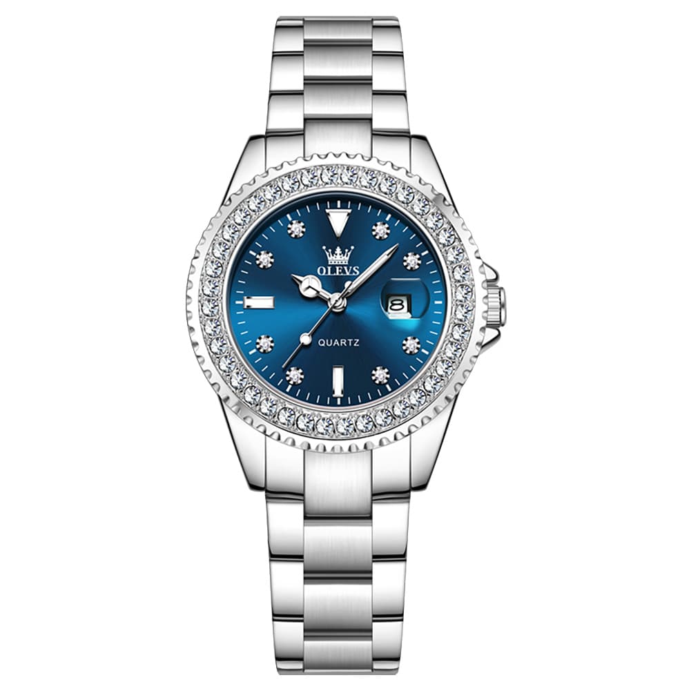 OLEVS 9945 Diamond Bezel Date Display Quartz Watch for Women - Silver Steel Blue Dial Watch | Olevs Watch Store