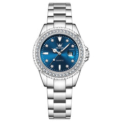 OLEVS 9945 Diamond Bezel Date Display Quartz Watch for Women - Silver Steel Blue Dial Watch | Olevs Watch Store