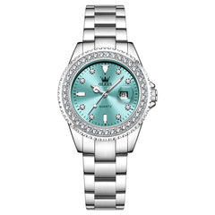 OLEVS 9945 Diamond Bezel Date Display Quartz Watch for Women - Silver Steel Cyan Dial Watch | Olevs Watch Store