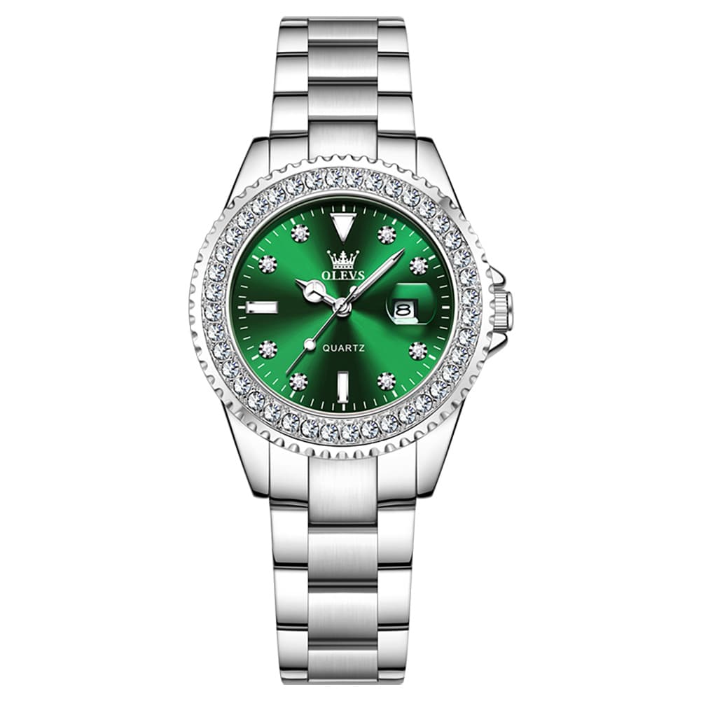 OLEVS 9945 Diamond Bezel Date Display Quartz Watch for Women - Silver Steel Green Dial Watch | Olevs Watch Store