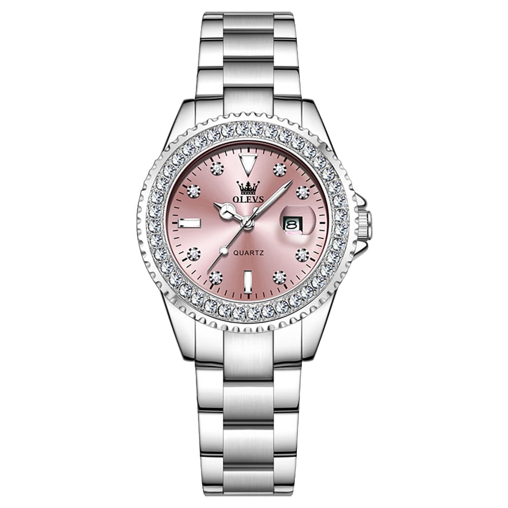 OLEVS 9945 Diamond Bezel Date Display Quartz Watch for Women - Silver Steel Pink Dial Watch | Olevs Watch Store