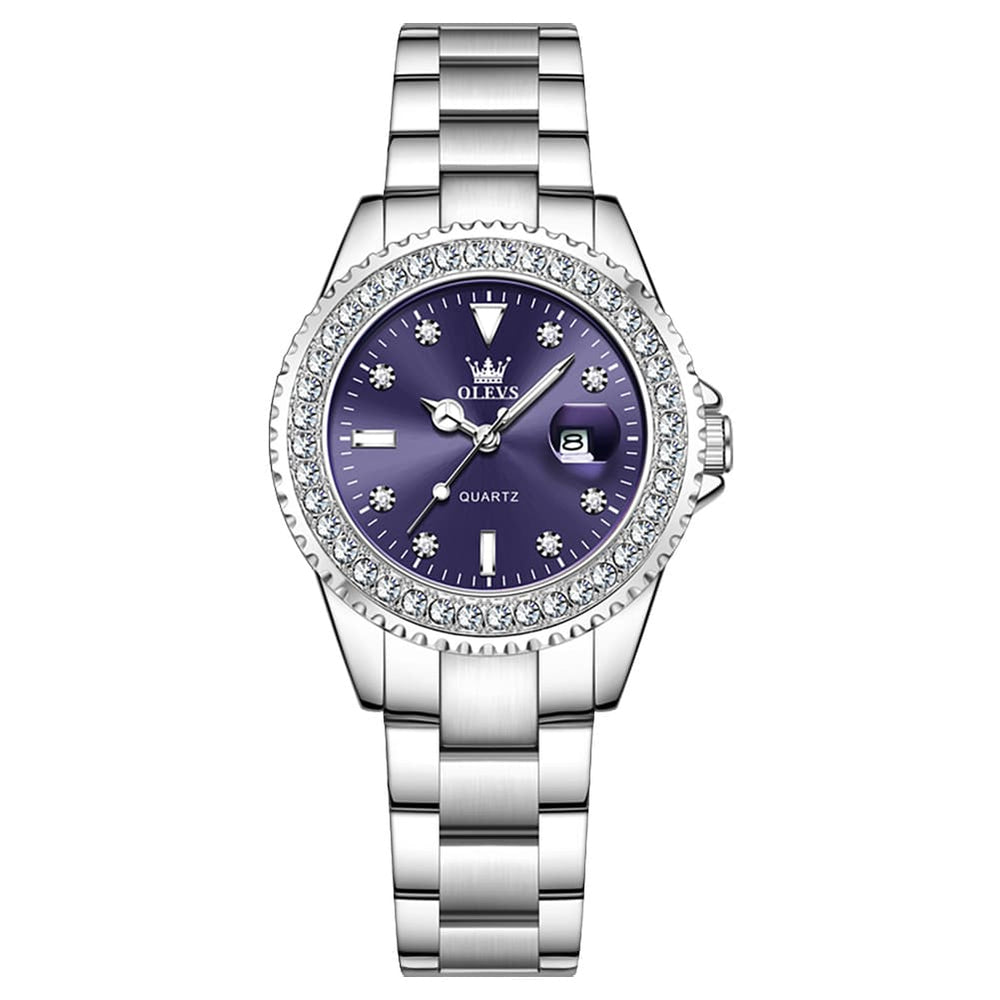 OLEVS 9945 Diamond Bezel Date Display Quartz Watch for Women - Silver Steel Purple Dial Watch | Olevs Watch Store