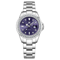 OLEVS 9945 Diamond Bezel Date Display Quartz Watch for Women - Silver Steel Purple Dial Watch | Olevs Watch Store