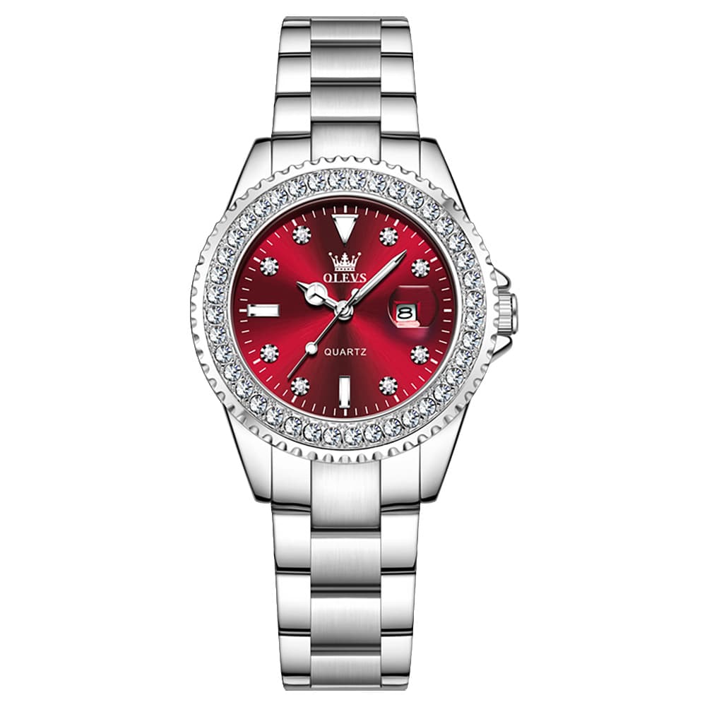 OLEVS 9945 Diamond Bezel Date Display Quartz Watch for Women - Silver Steel Red Dial Watch | Olevs Watch Store