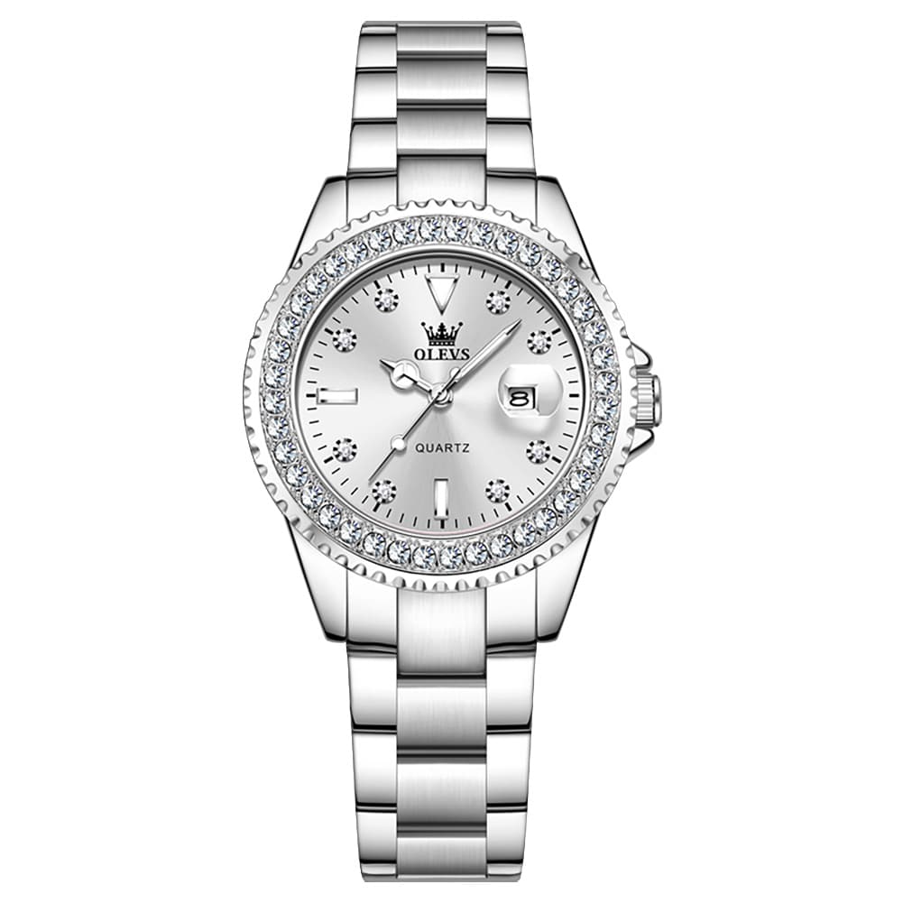 OLEVS 9945 Diamond Bezel Date Display Quartz Watch for Women - Silver Steel White Dial Watch | Olevs Watch Store
