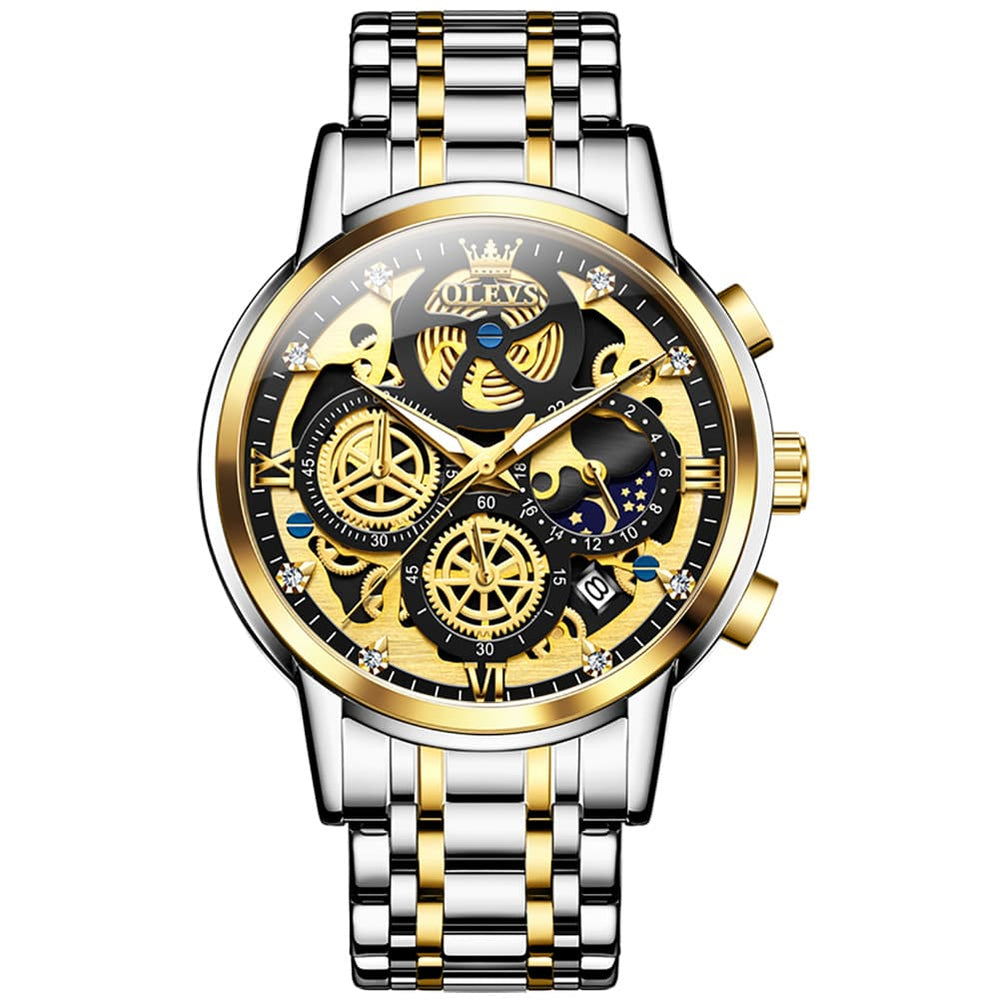 OLEVS 9947 Hollow Skeleton Chronograph Steel Watch for Men - All Black Dial Watch | Olevs Watch Store