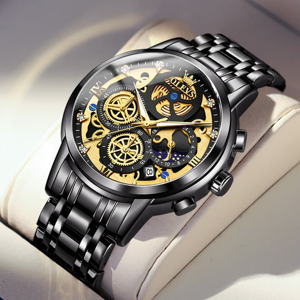 OLEVS 9947 Hollow Skeleton Chronograph Steel Watch for Men - All Black Dial Watch | Olevs Watch Store