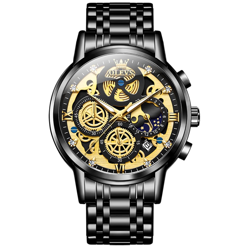 OLEVS 9947 Hollow Skeleton Chronograph Steel Watch for Men - All Black Dial Watch | Olevs Watch Store