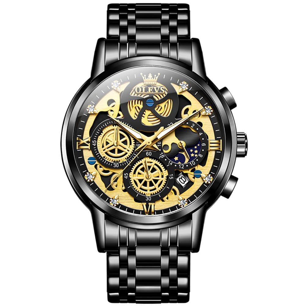 OLEVS 9947 Hollow Skeleton Chronograph Steel Watch for Men - All Black Dial Watch | Olevs Watch Store