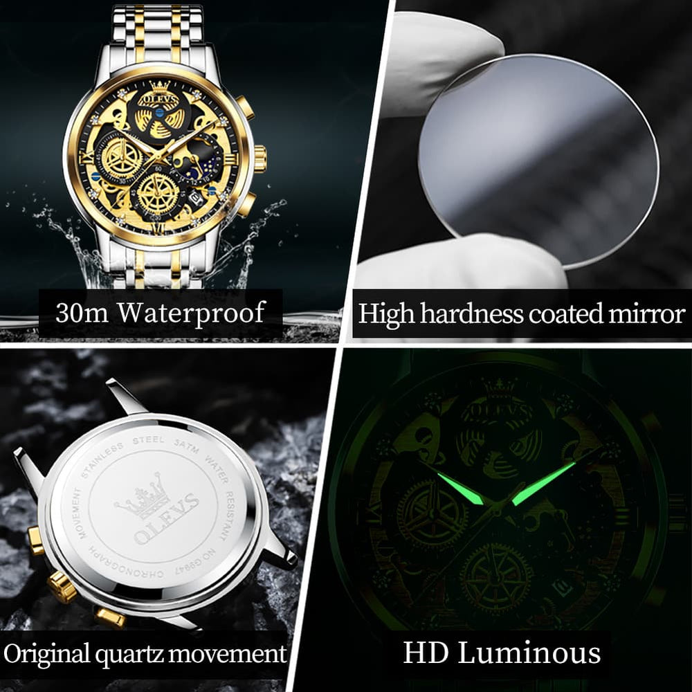 OLEVS 9947 Hollow Skeleton Chronograph Steel Watch for Men - All Black Dial Watch | Olevs Watch Store