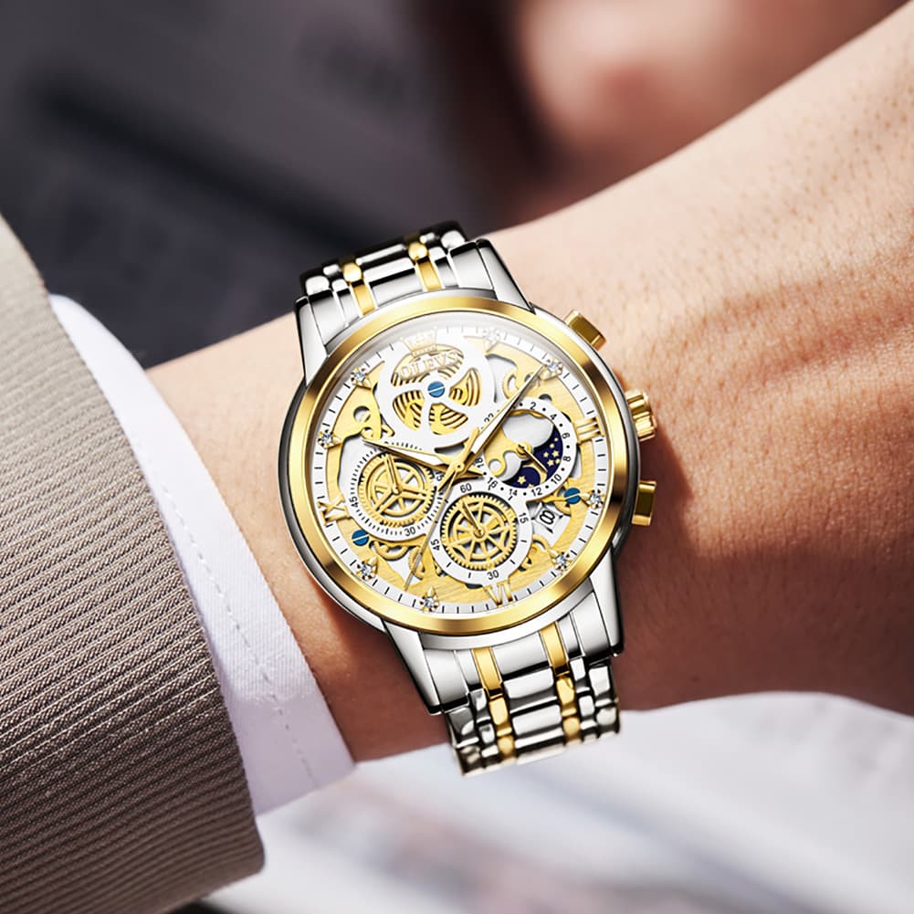 OLEVS 9947 Hollow Skeleton Chronograph Steel Watch for Men - All Black Dial Watch | Olevs Watch Store