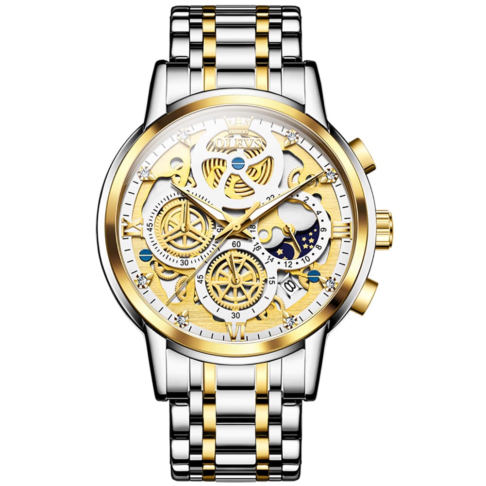 OLEVS 9947 Hollow Skeleton Chronograph Steel Watch for Men - All Black Dial Watch | Olevs Watch Store