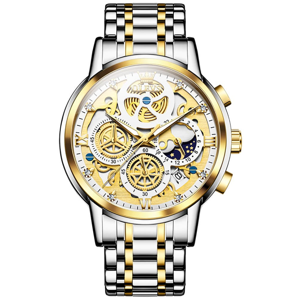 OLEVS 9947 Hollow Skeleton Chronograph Steel Watch for Men - All Black Dial Watch | Olevs Watch Store