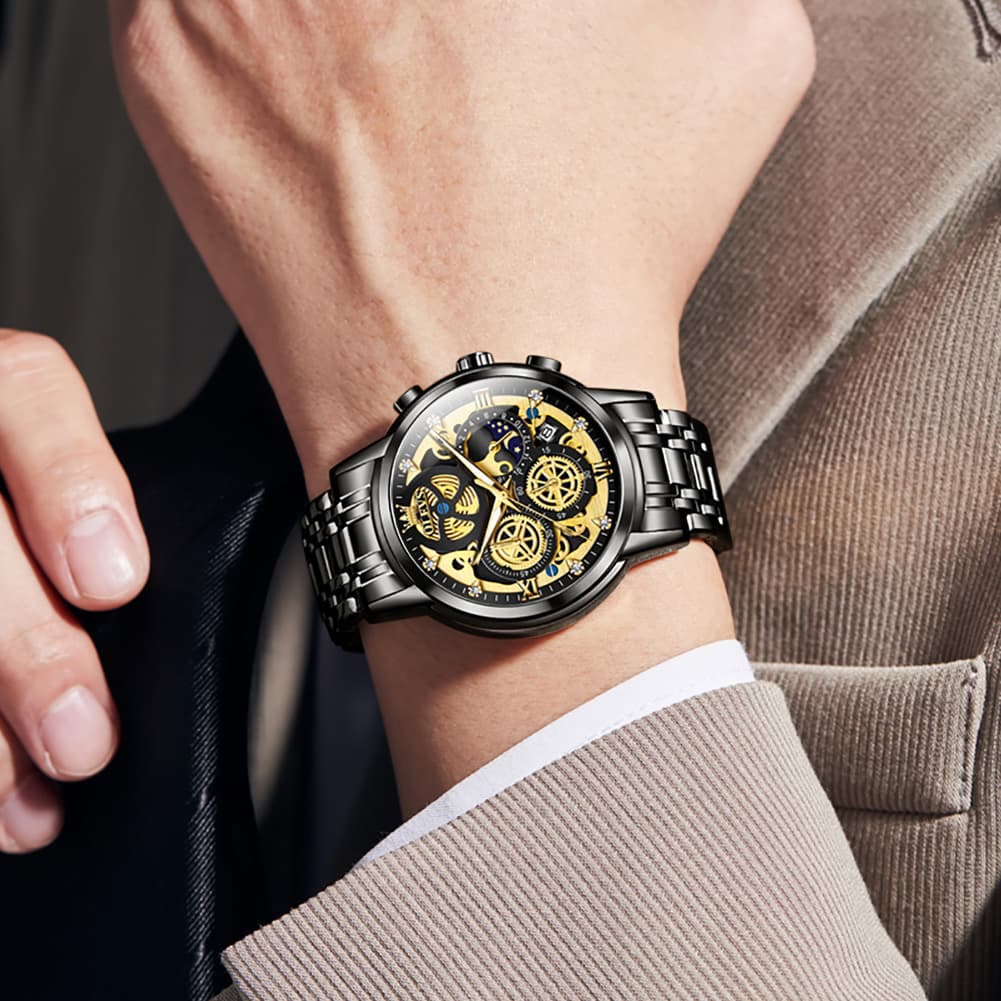 OLEVS 9947 Hollow Skeleton Chronograph Steel Watch for Men - All Black Dial Watch | Olevs Watch Store