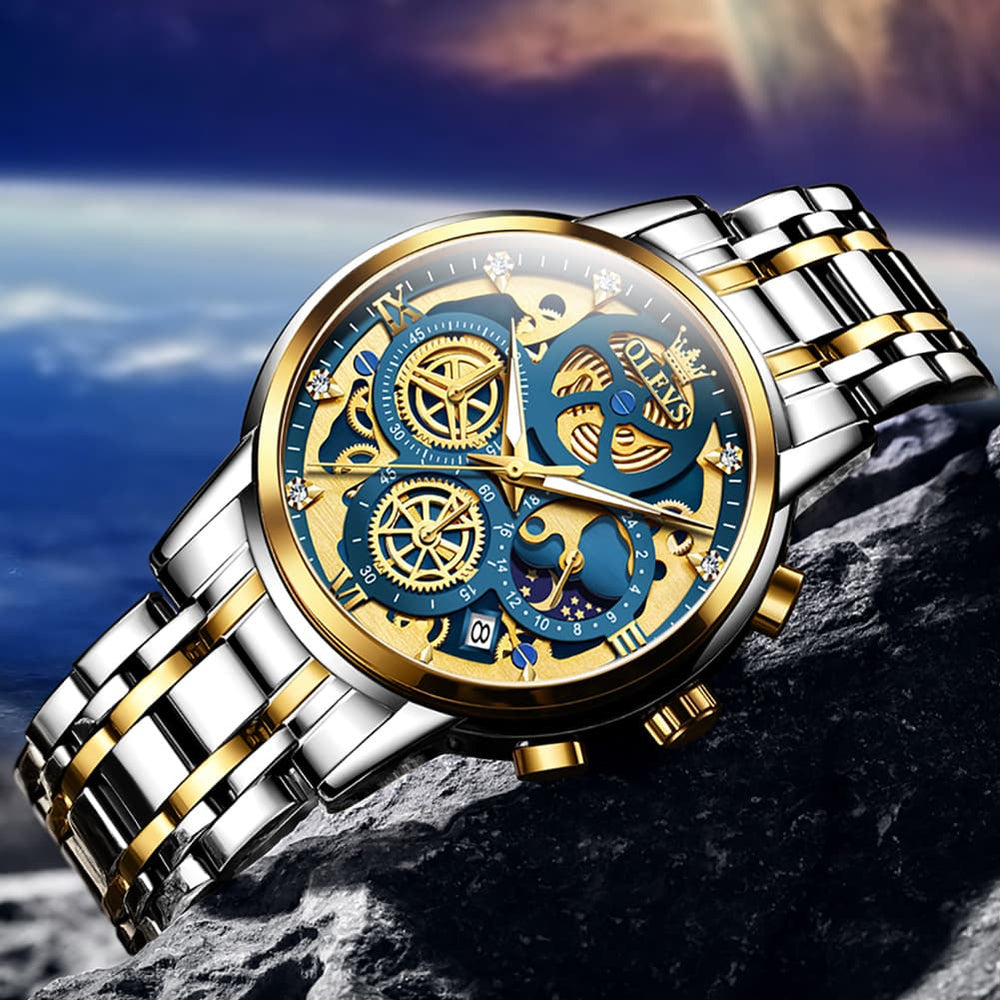 OLEVS 9947 Hollow Skeleton Chronograph Steel Watch for Men - All Black Dial Watch | Olevs Watch Store