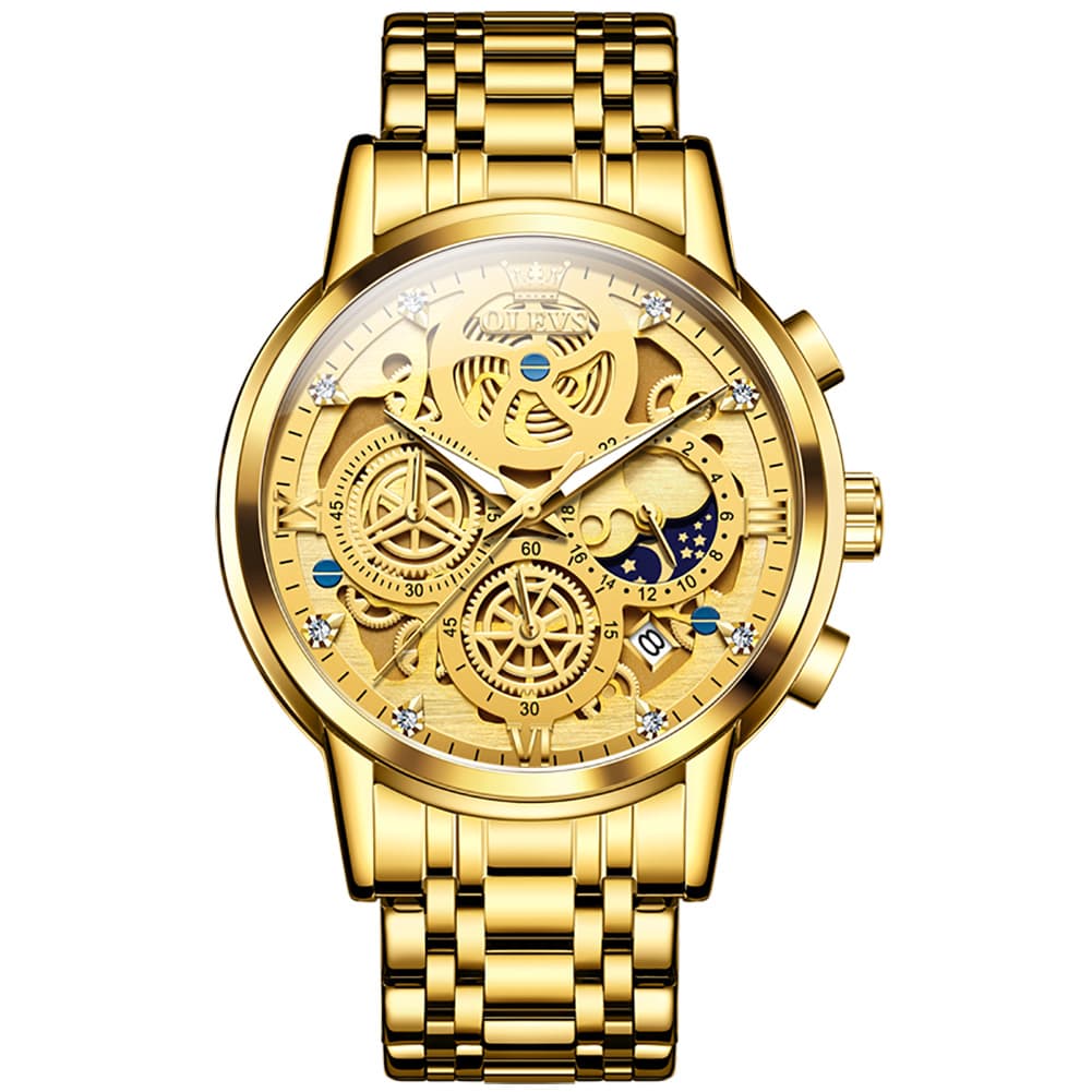OLEVS 9947 Hollow Skeleton Chronograph Steel Watch for Men - All Black Dial Watch | Olevs Watch Store