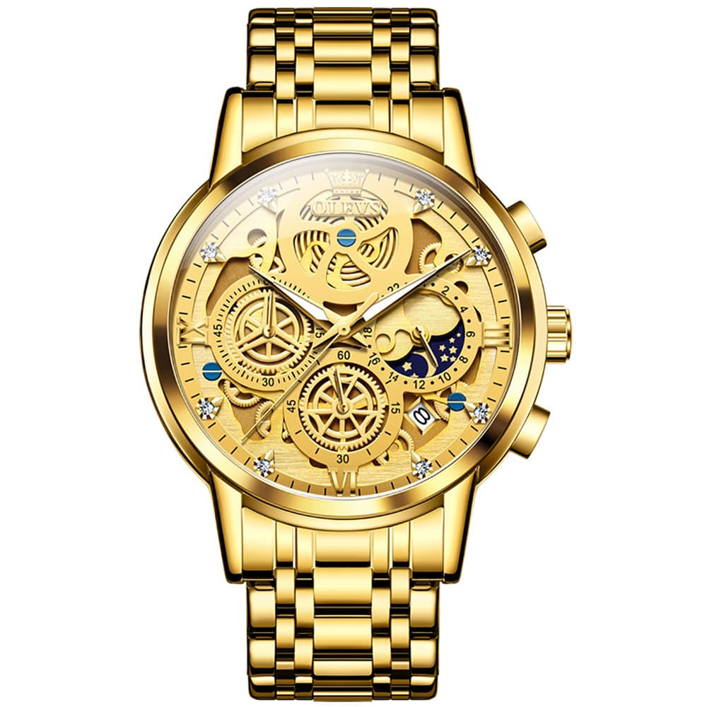 OLEVS 9947 Hollow Skeleton Chronograph Steel Watch for Men - All Black Dial Watch | Olevs Watch Store