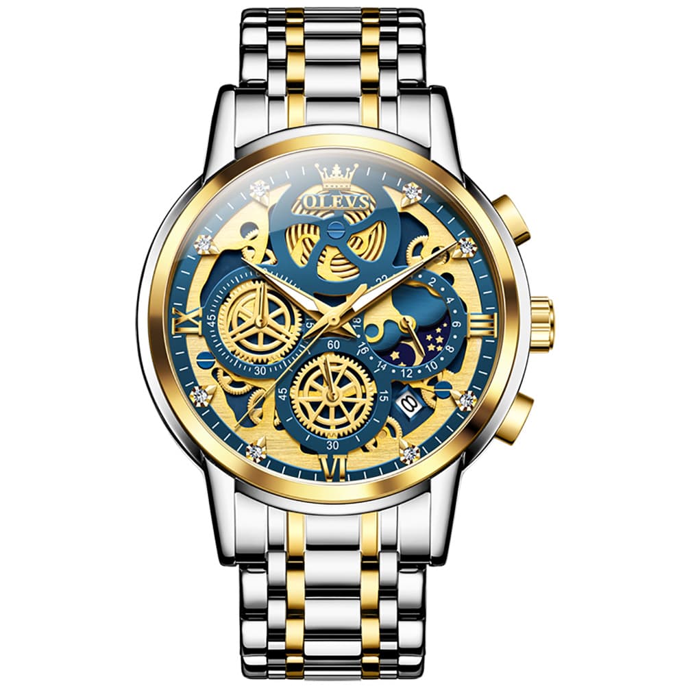 OLEVS 9947 Hollow Skeleton Chronograph Steel Watch for Men - All Black Dial Watch | Olevs Watch Store