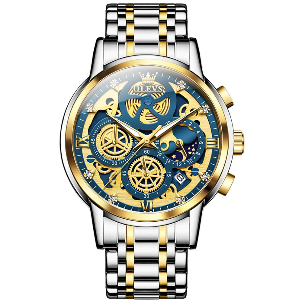 OLEVS 9947 Hollow Skeleton Chronograph Steel Watch for Men - All Black Dial Watch | Olevs Watch Store