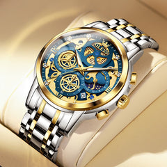 OLEVS 9947 Hollow Skeleton Chronograph Steel Watch for Men - Two Tone Blue Dial Watch | Olevs Watch Store