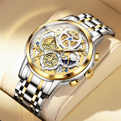 OLEVS 9947 Hollow Skeleton Chronograph Steel Watch for Men - Two Tone White Dial Watch | Olevs Watch Store