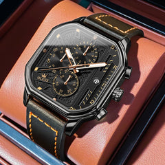 OLEVS 9950 Octagonal Case Chronograph Leather Watch for Men - All Black Case Black Leather Watch | Olevs Watch Store
