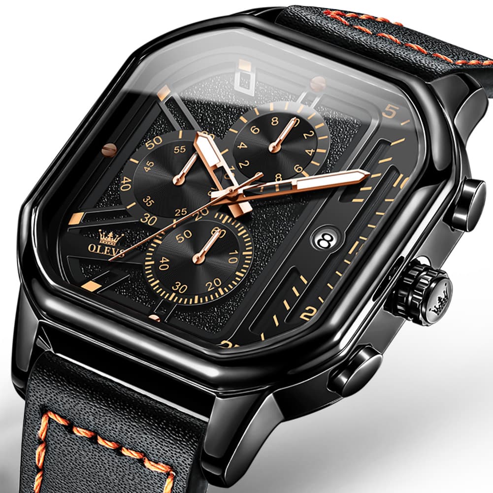 OLEVS 9950 Octagonal Case Chronograph Leather Watch for Men - Silver Case Black Leather Watch | Olevs Watch Store